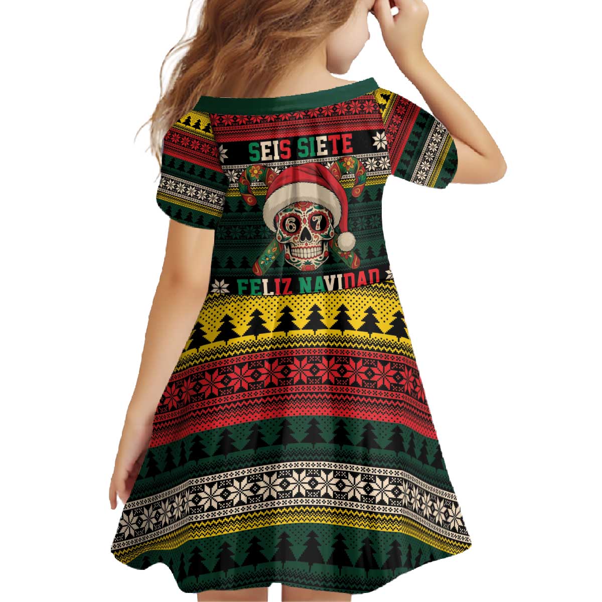 Mexican SEIS Siete 67 Meme Family Matching Off The Shoulder Long Sleeve Dress and Hawaiian Shirt Feliz Navidad Mexico - Wonder Print Shop