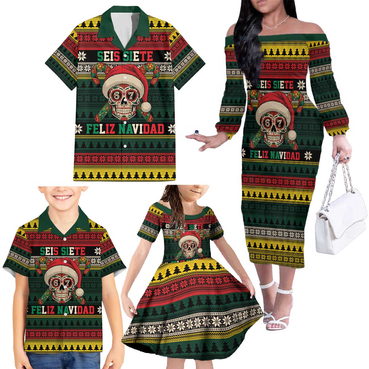 Mexican SEIS Siete 67 Meme Family Matching Off The Shoulder Long Sleeve Dress and Hawaiian Shirt Feliz Navidad Mexico - Wonder Print Shop