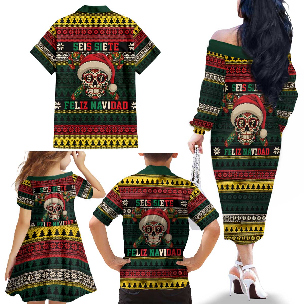 Mexican SEIS Siete 67 Meme Family Matching Off The Shoulder Long Sleeve Dress and Hawaiian Shirt Feliz Navidad Mexico - Wonder Print Shop