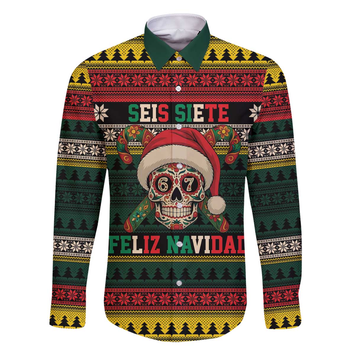 Mexican SEIS Siete 67 Meme Family Matching Off The Shoulder Long Sleeve Dress and Hawaiian Shirt Feliz Navidad Mexico - Wonder Print Shop