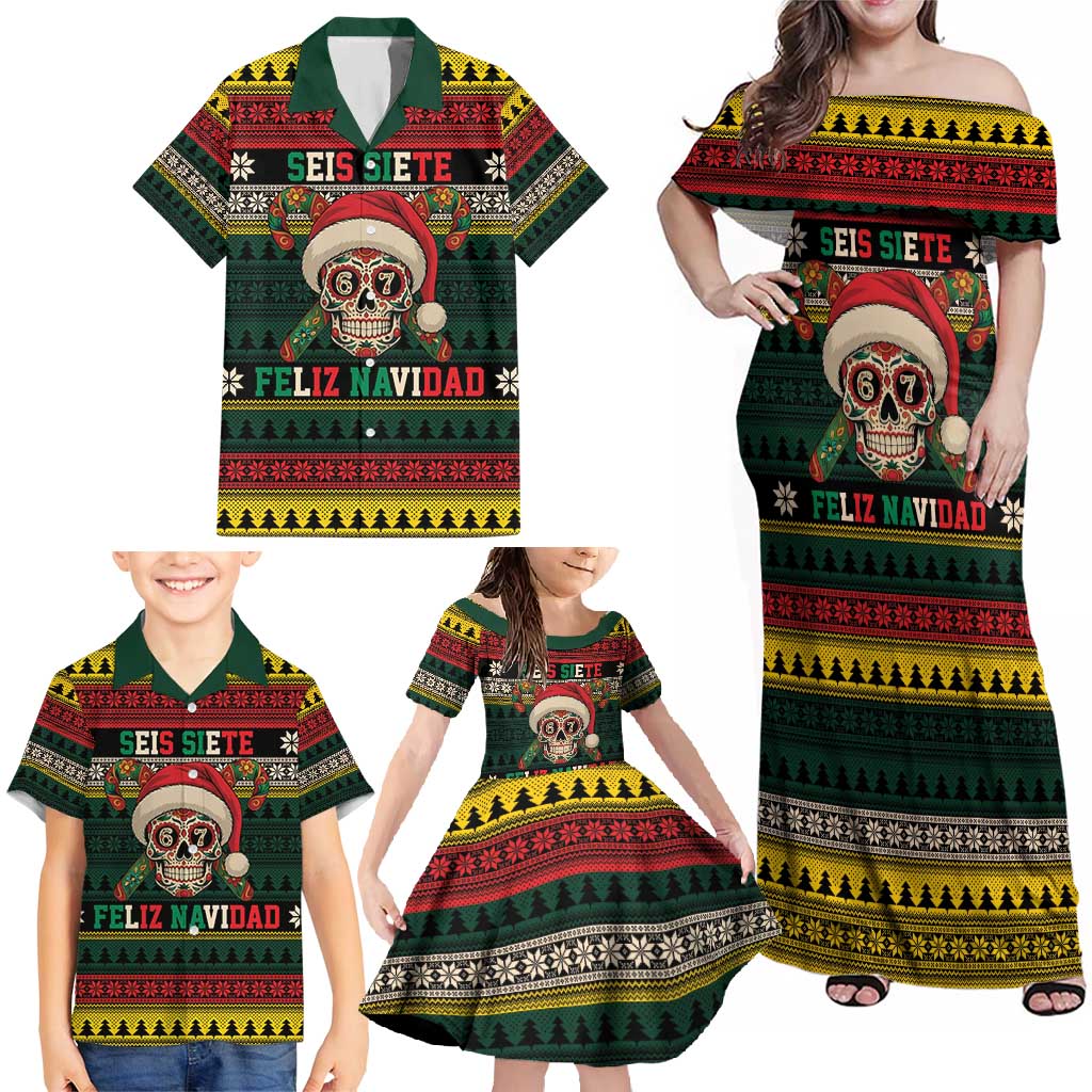 Mexican SEIS Siete 67 Meme Family Matching Off Shoulder Maxi Dress and Hawaiian Shirt Feliz Navidad Mexico - Wonder Print Shop