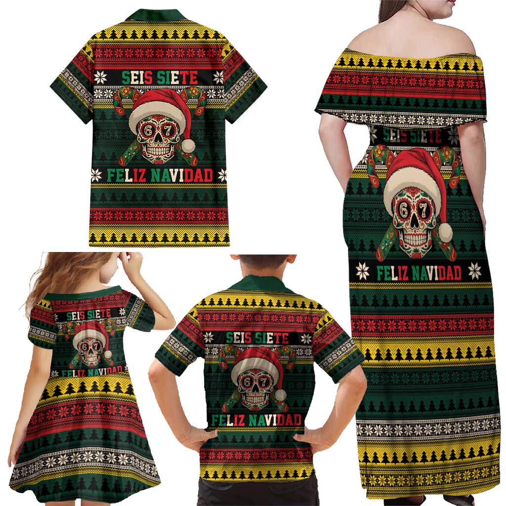 Mexican SEIS Siete 67 Meme Family Matching Off Shoulder Maxi Dress and Hawaiian Shirt Feliz Navidad Mexico - Wonder Print Shop