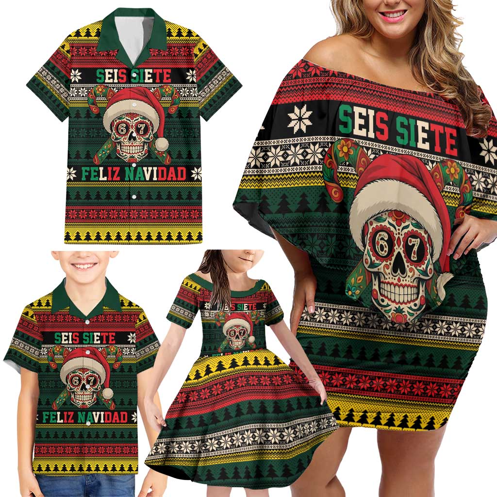 Mexican SEIS Siete 67 Meme Family Matching Off Shoulder Short Dress and Hawaiian Shirt Feliz Navidad Mexico - Wonder Print Shop