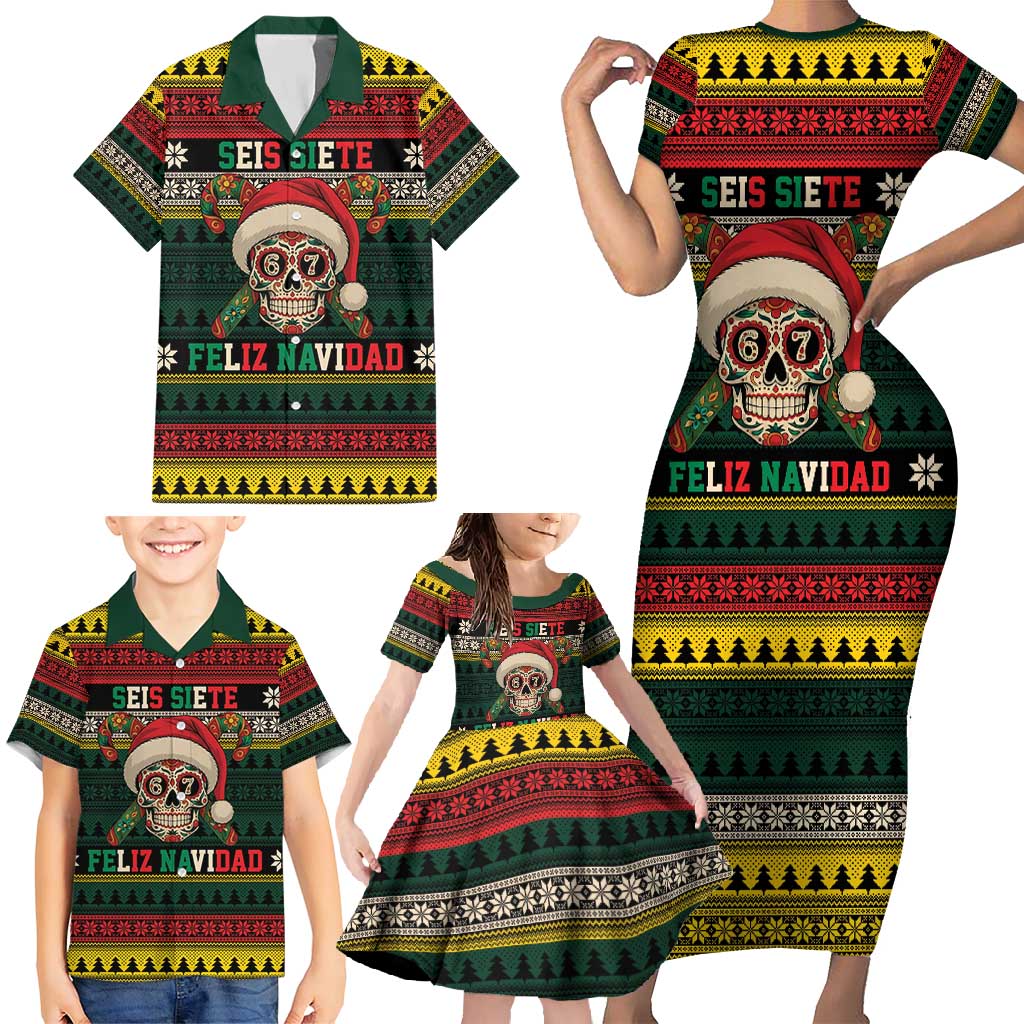 Mexican SEIS Siete 67 Meme Family Matching Short Sleeve Bodycon Dress and Hawaiian Shirt Feliz Navidad Mexico - Wonder Print Shop