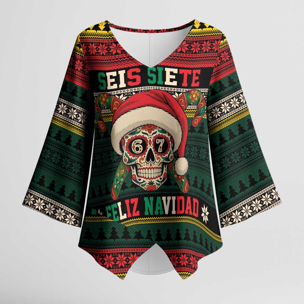 Mexican SEIS Siete 67 Meme Kimono Sleeve Blouse Feliz Navidad Mexico - Wonder Print Shop