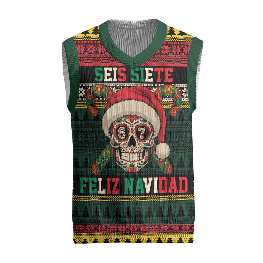 Mexican SEIS Siete 67 Meme Christmas Knitted V-Neck Vest Feliz Navidad Mexico - Wonder Print Shop