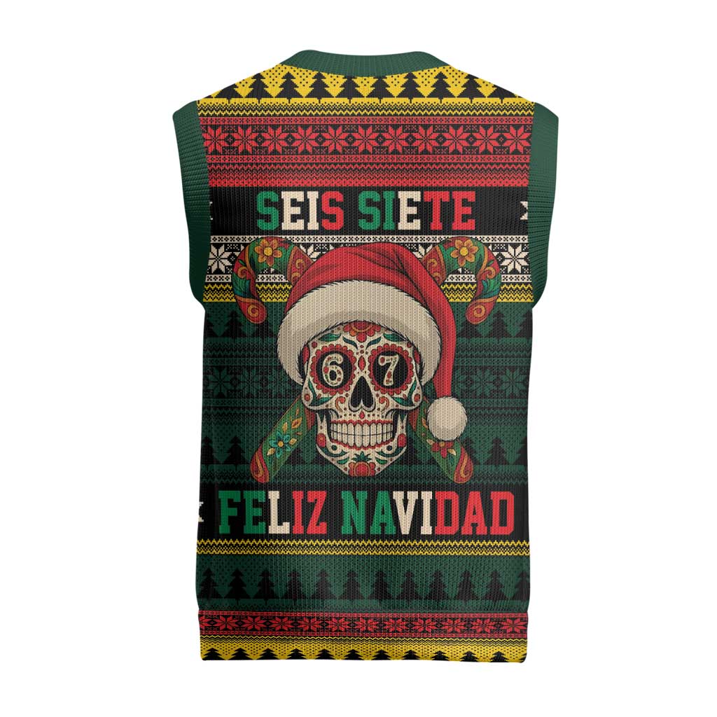 Mexican SEIS Siete 67 Meme Christmas Knitted V-Neck Vest Feliz Navidad Mexico - Wonder Print Shop