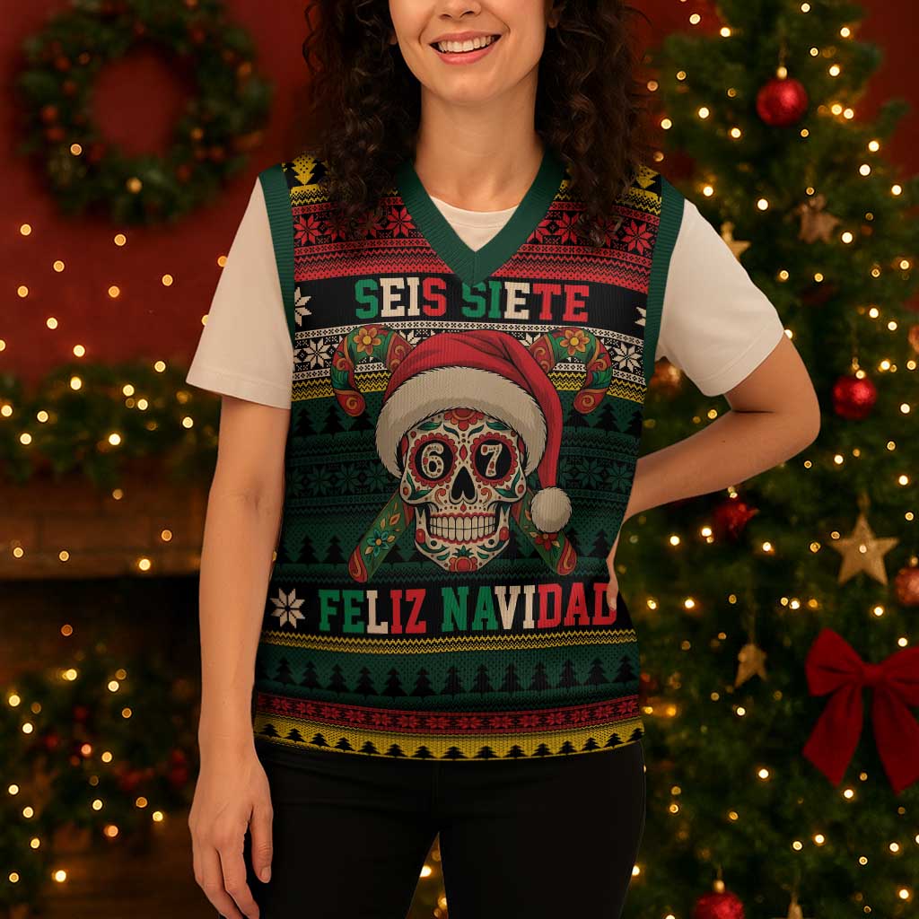 Mexican SEIS Siete 67 Meme Christmas Knitted V-Neck Vest Feliz Navidad Mexico - Wonder Print Shop