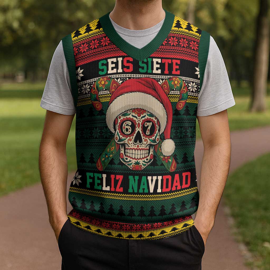 Mexican SEIS Siete 67 Meme Christmas Knitted V-Neck Vest Feliz Navidad Mexico - Wonder Print Shop