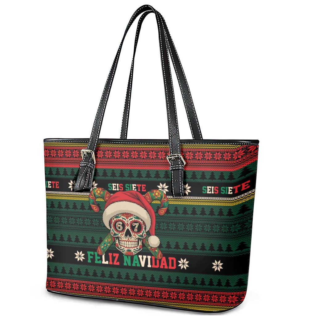 Mexican SEIS Siete 67 Meme Leather Tote Bag Feliz Navidad Mexico - Wonder Print Shop