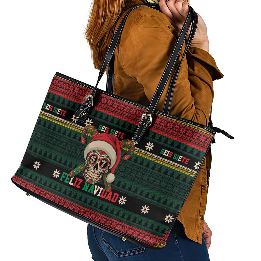 Mexican SEIS Siete 67 Meme Leather Tote Bag Feliz Navidad Mexico - Wonder Print Shop
