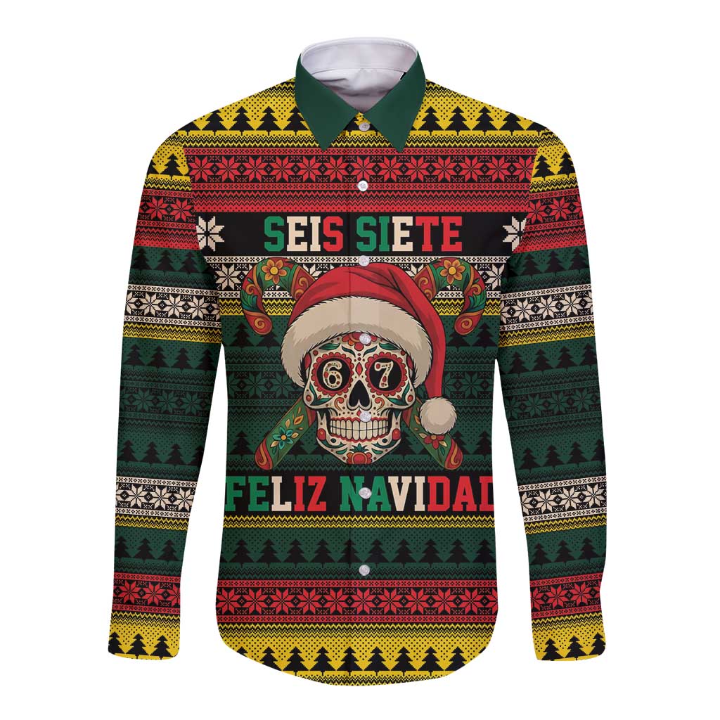 Mexican SEIS Siete 67 Meme Long Sleeve Button Shirt Feliz Navidad Mexico - Wonder Print Shop