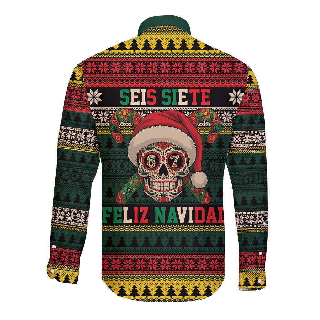 Mexican SEIS Siete 67 Meme Long Sleeve Button Shirt Feliz Navidad Mexico - Wonder Print Shop
