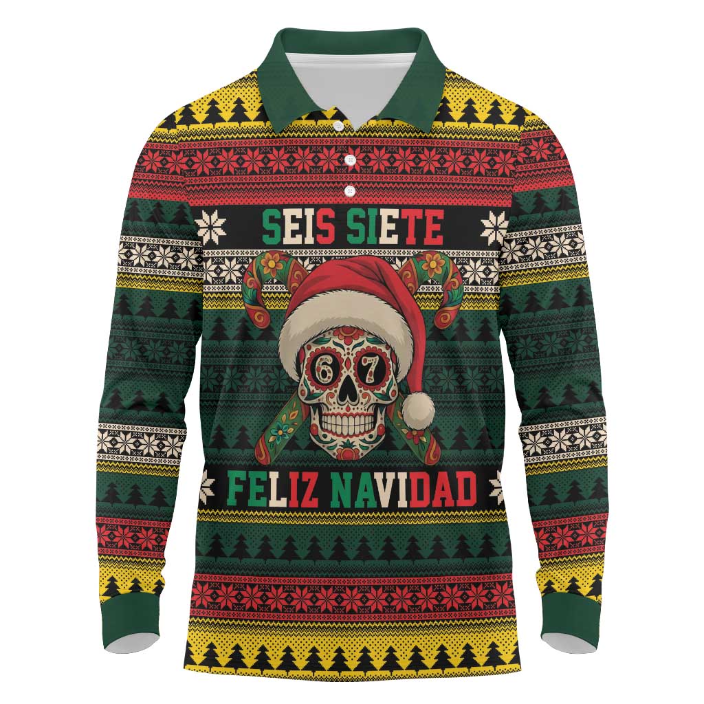 Mexican SEIS Siete 67 Meme Long Sleeve Polo Shirt Feliz Navidad Mexico - Wonder Print Shop
