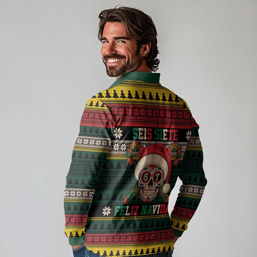 Mexican SEIS Siete 67 Meme Long Sleeve Polo Shirt Feliz Navidad Mexico - Wonder Print Shop