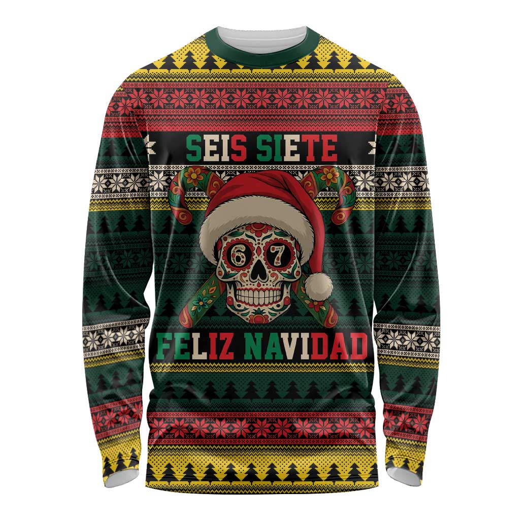 Mexican SEIS Siete 67 Meme Long Sleeve Shirt Feliz Navidad Mexico - Wonder Print Shop
