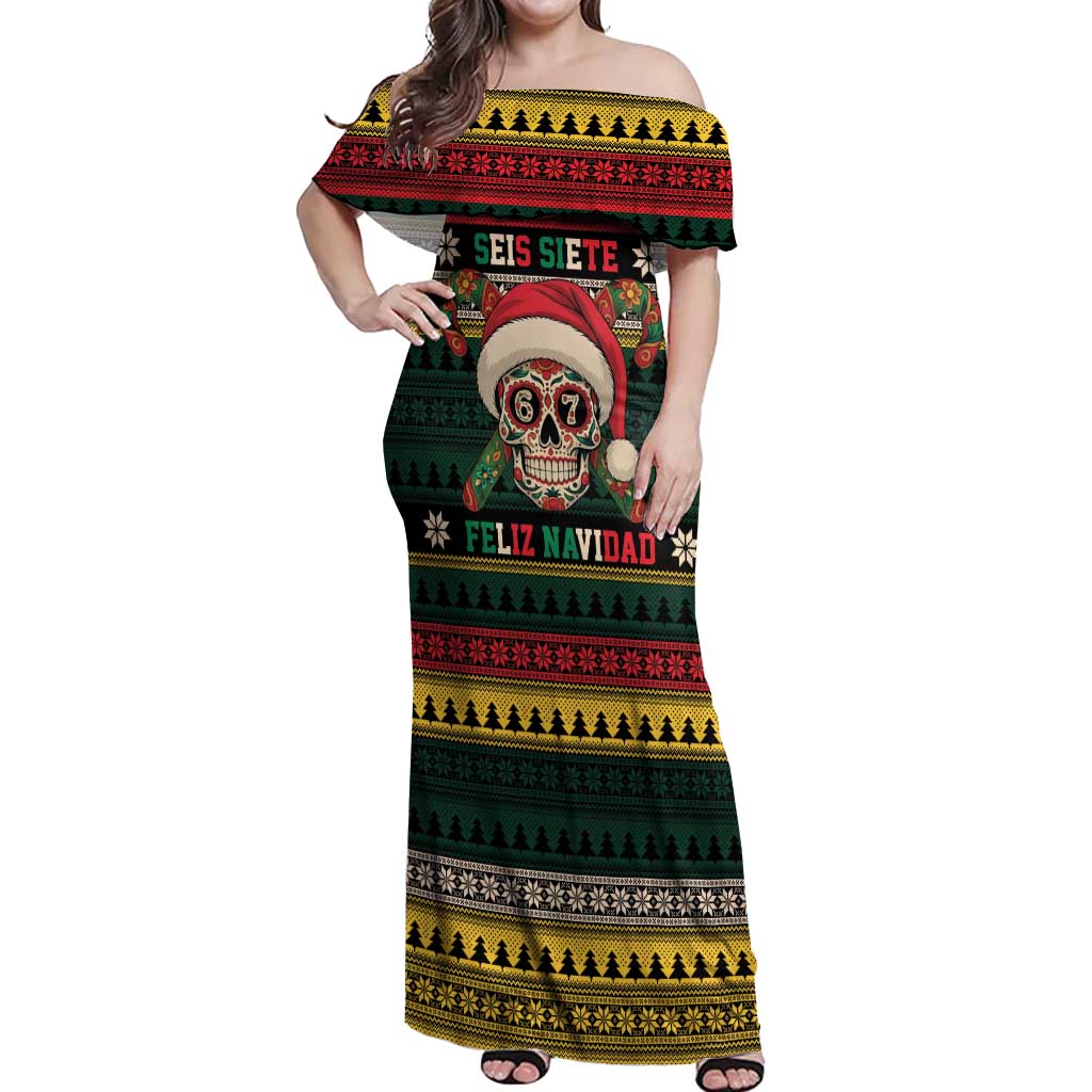 Mexican SEIS Siete 67 Meme Off Shoulder Maxi Dress Feliz Navidad Mexico - Wonder Print Shop