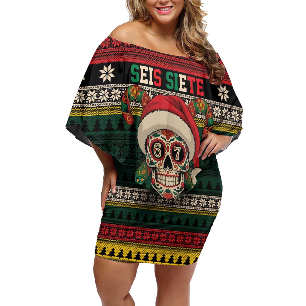 Mexican SEIS Siete 67 Meme Off Shoulder Short Dress Feliz Navidad Mexico - Wonder Print Shop