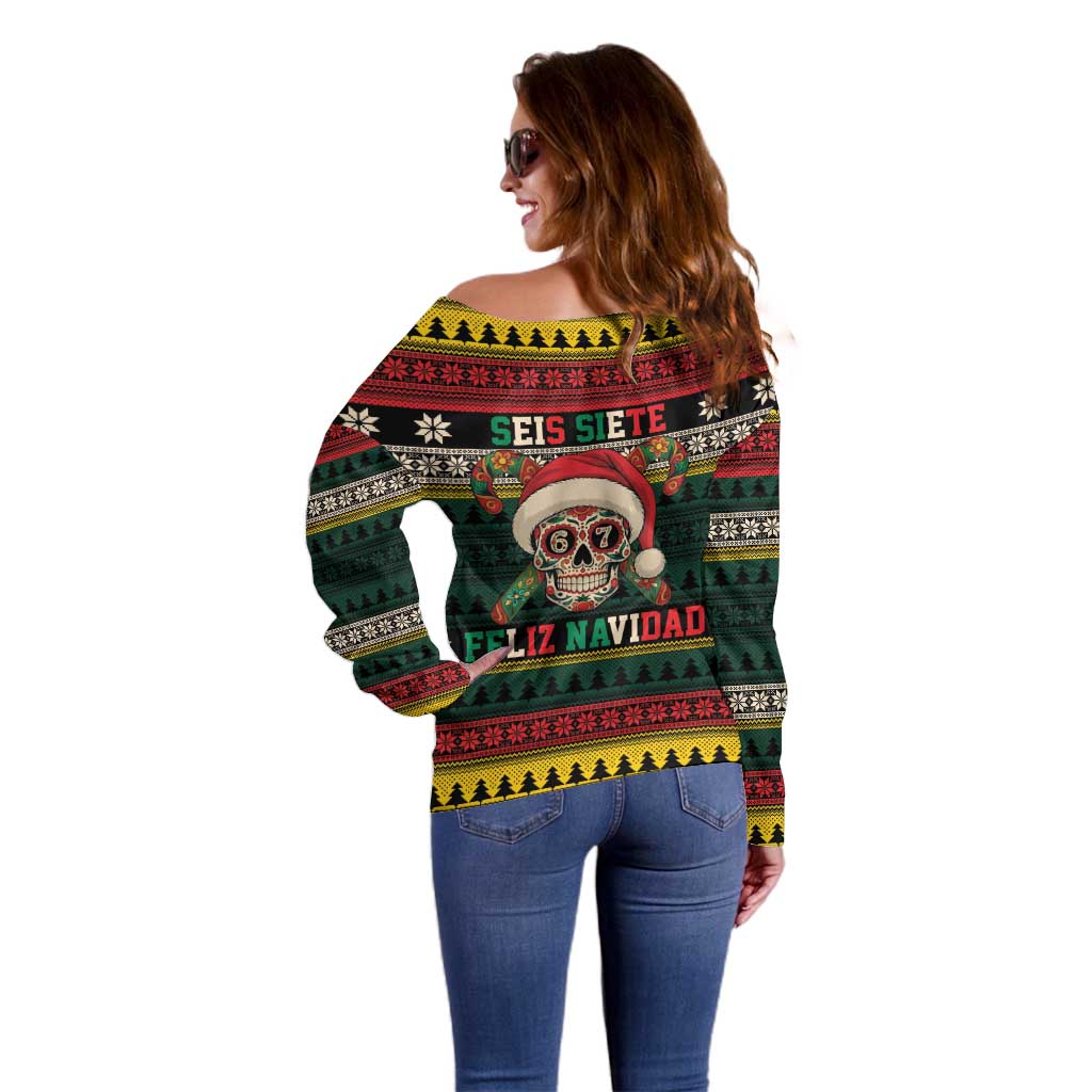 Mexican SEIS Siete 67 Meme Off Shoulder Sweater Feliz Navidad Mexico - Wonder Print Shop