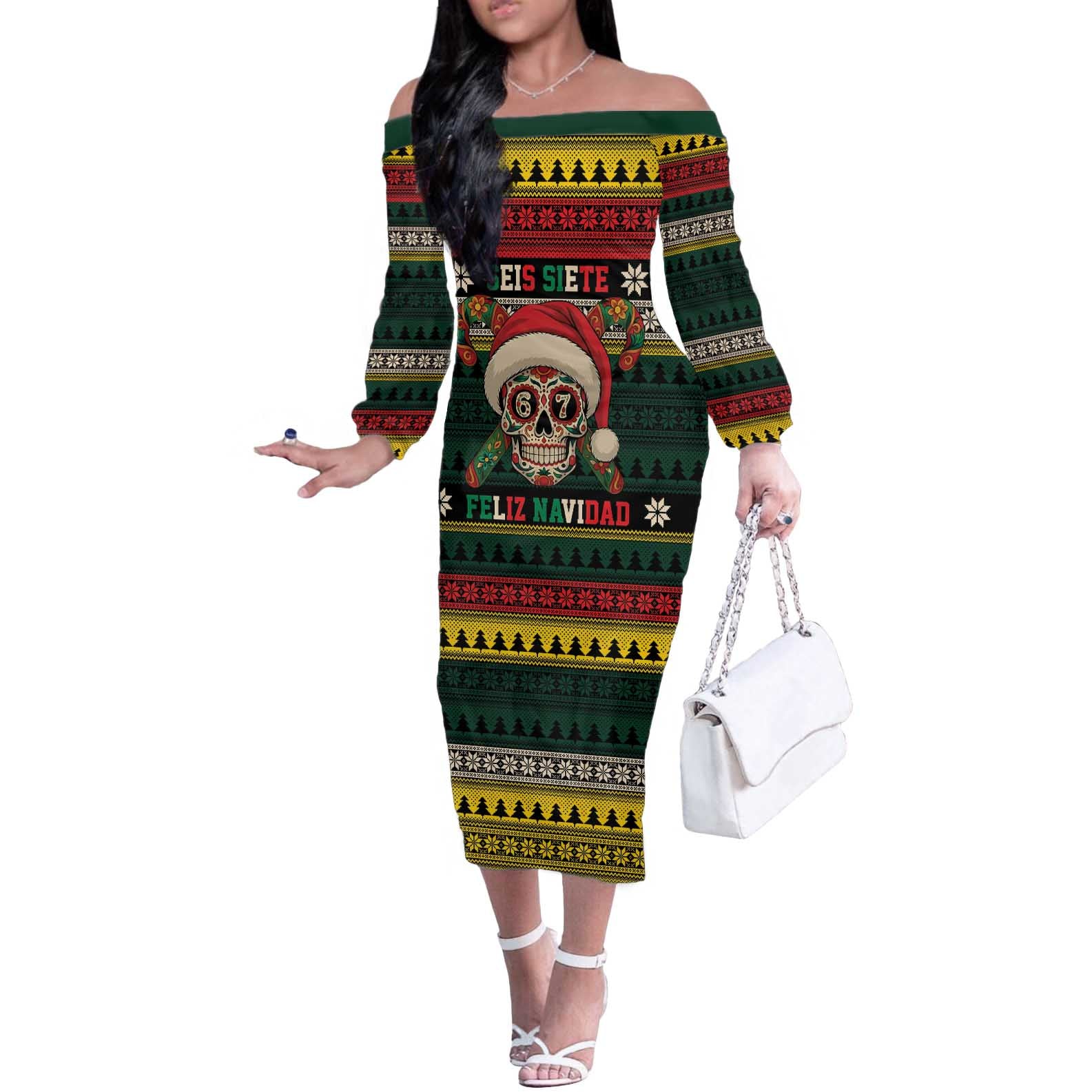 Mexican SEIS Siete 67 Meme Off The Shoulder Long Sleeve Dress Feliz Navidad Mexico - Wonder Print Shop
