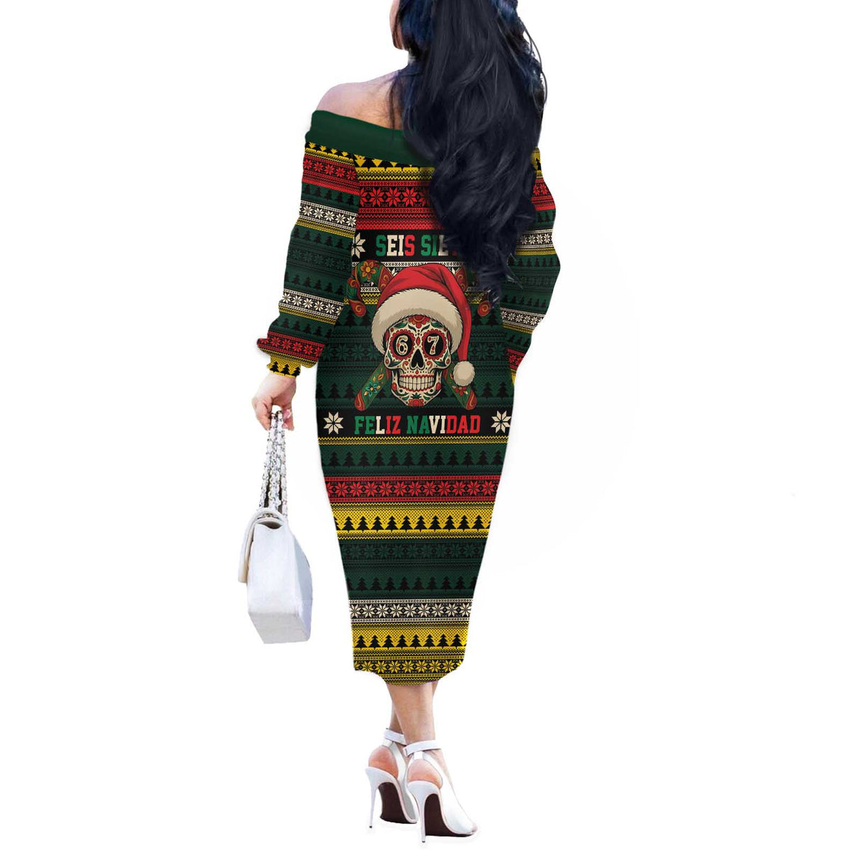 Mexican SEIS Siete 67 Meme Off The Shoulder Long Sleeve Dress Feliz Navidad Mexico - Wonder Print Shop