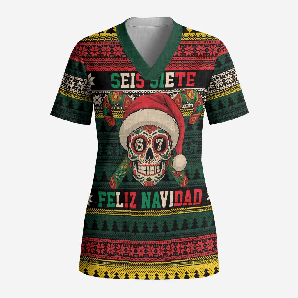 Mexican SEIS Siete 67 Meme Scrub Top Feliz Navidad Mexico - Wonder Print Shop