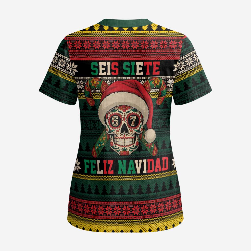 Mexican SEIS Siete 67 Meme Scrub Top Feliz Navidad Mexico - Wonder Print Shop