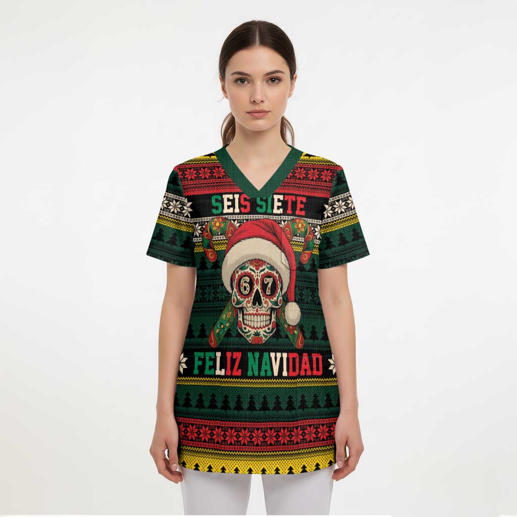 Mexican SEIS Siete 67 Meme Scrub Top Feliz Navidad Mexico - Wonder Print Shop