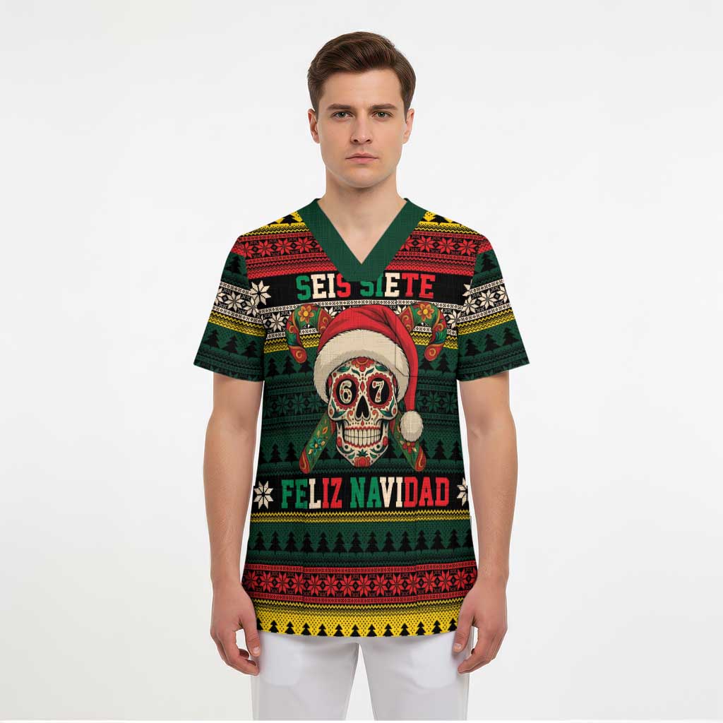 Mexican SEIS Siete 67 Meme Scrub Top Feliz Navidad Mexico - Wonder Print Shop