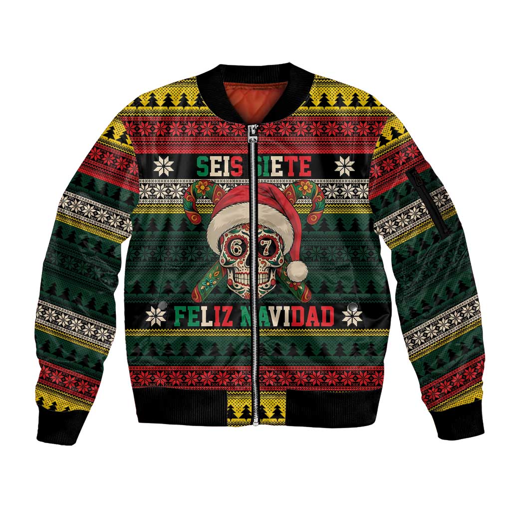 Mexican SEIS Siete 67 Meme Sleeve Zip Bomber Jacket Feliz Navidad Mexico - Wonder Print Shop