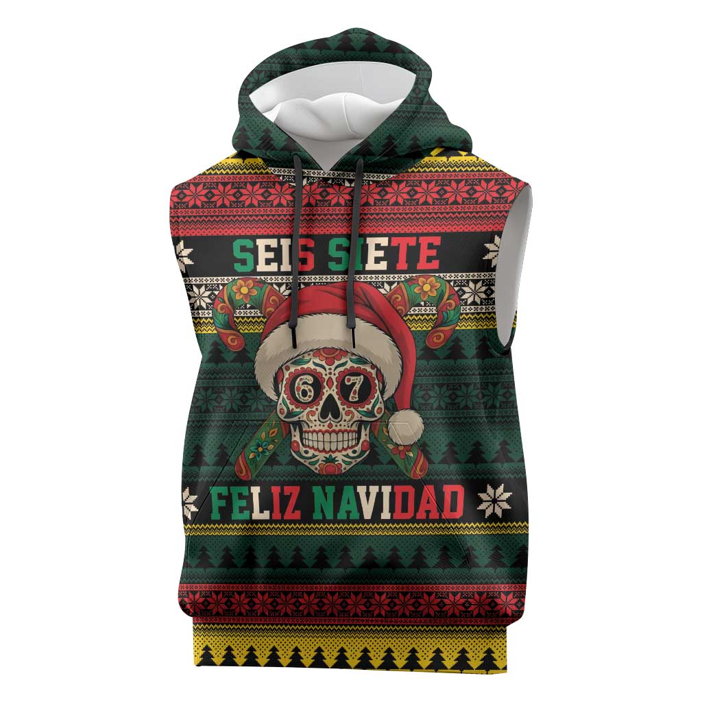 Mexican SEIS Siete 67 Meme Sleeveless Hoodie Feliz Navidad Mexico - Wonder Print Shop
