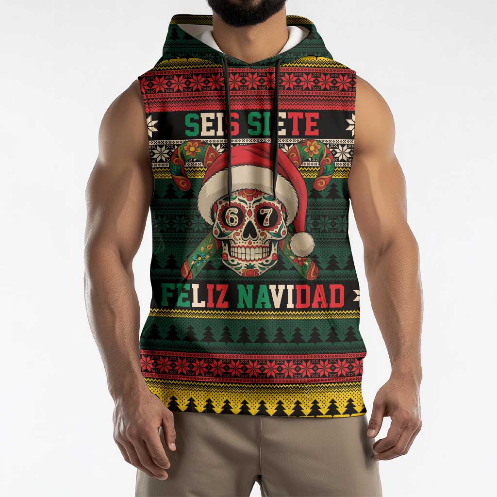 Mexican SEIS Siete 67 Meme Sleeveless Hoodie Feliz Navidad Mexico - Wonder Print Shop