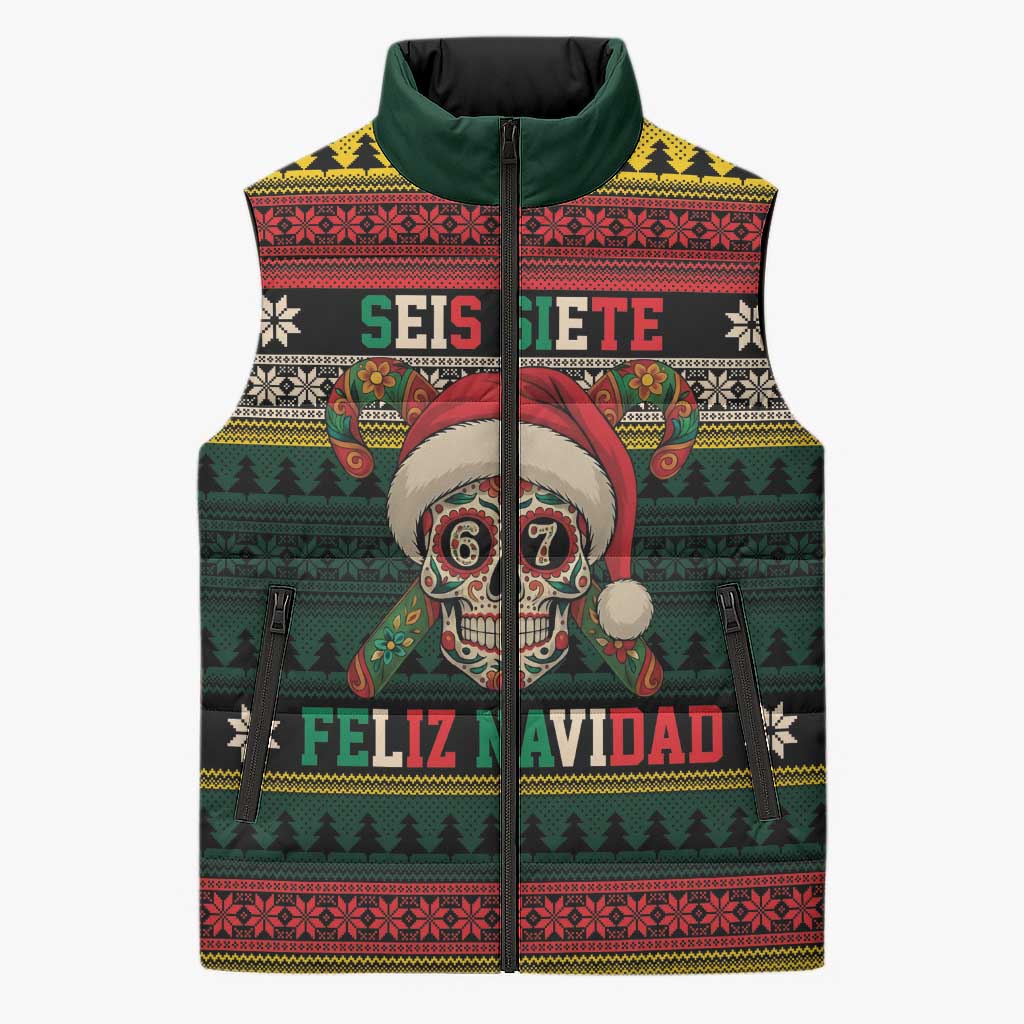 Mexican SEIS Siete 67 Meme Sleeveless Puffer Jacket Feliz Navidad Mexico - Wonder Print Shop