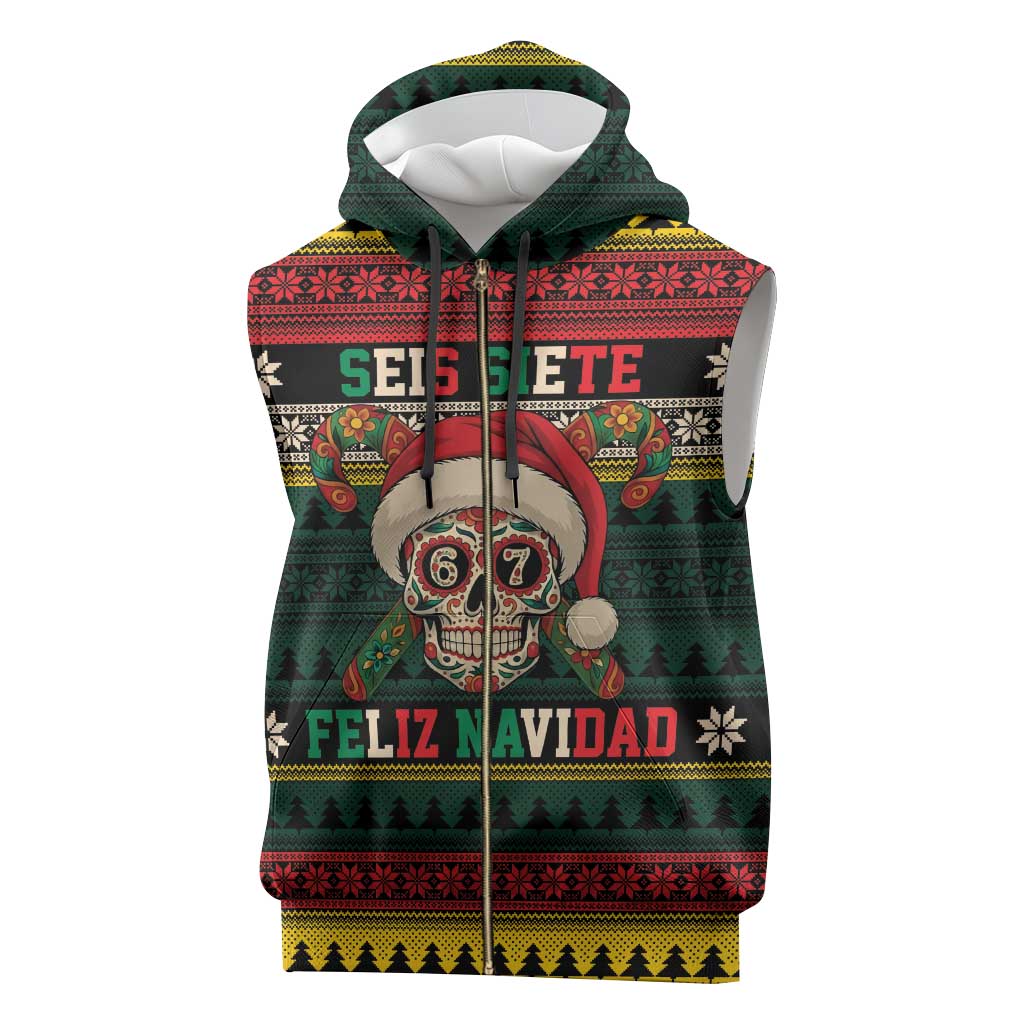 Mexican SEIS Siete 67 Meme Sleeveless Zip Hoodie Feliz Navidad Mexico - Wonder Print Shop