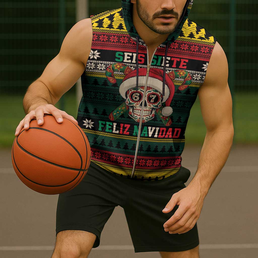 Mexican SEIS Siete 67 Meme Sleeveless Zip Hoodie Feliz Navidad Mexico - Wonder Print Shop