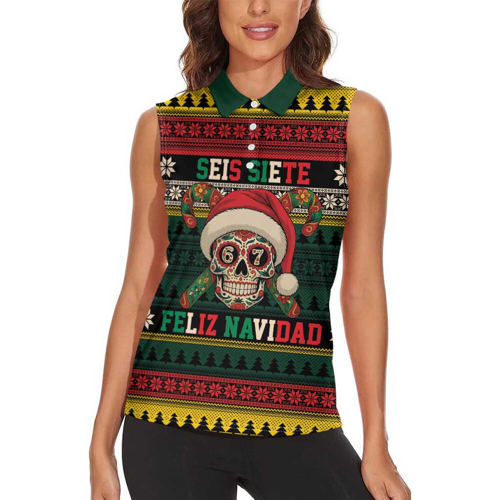 Mexican SEIS Siete 67 Meme Women Sleeveless Polo Shirt Feliz Navidad Mexico - Wonder Print Shop