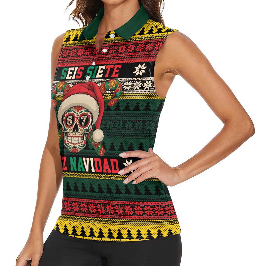 Mexican SEIS Siete 67 Meme Women Sleeveless Polo Shirt Feliz Navidad Mexico - Wonder Print Shop