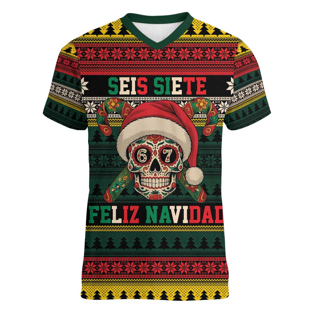 Mexican SEIS Siete 67 Meme Women V-Neck T-Shirt Feliz Navidad Mexico - Wonder Print Shop