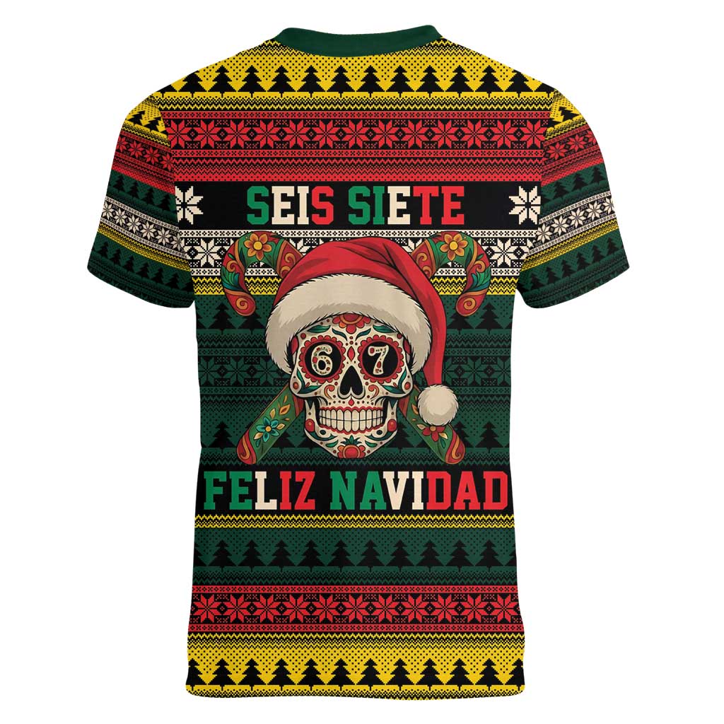Mexican SEIS Siete 67 Meme Women V-Neck T-Shirt Feliz Navidad Mexico - Wonder Print Shop
