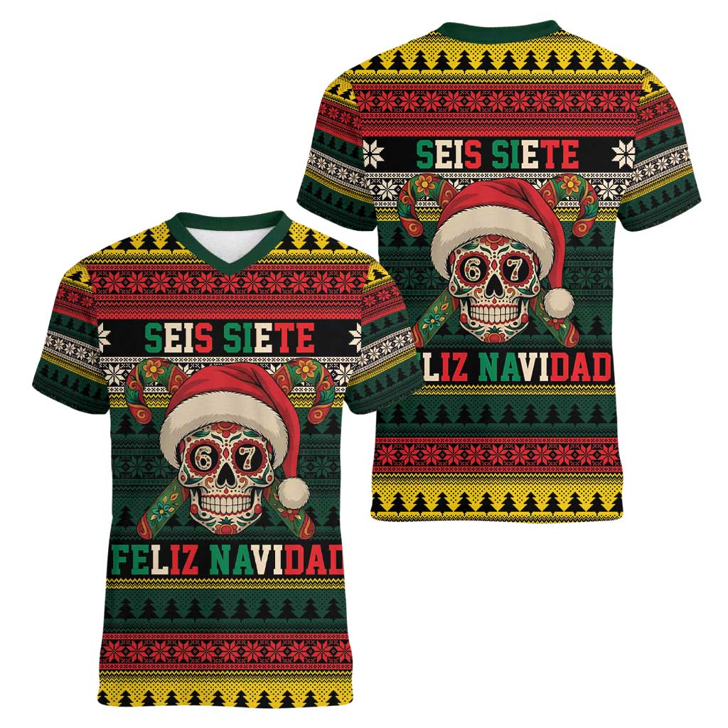 Mexican SEIS Siete 67 Meme Women V-Neck T-Shirt Feliz Navidad Mexico - Wonder Print Shop
