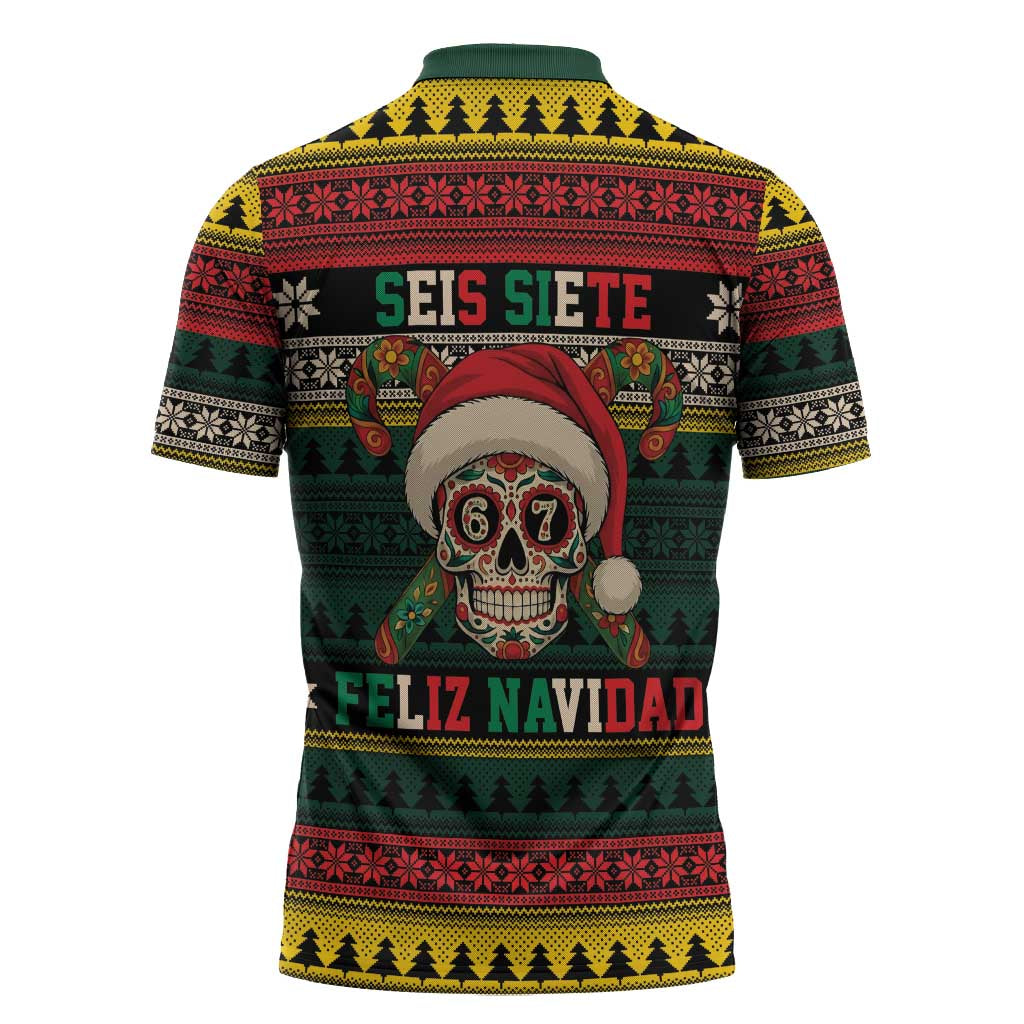 Mexican SEIS Siete 67 Meme Zipper Polo Shirt Feliz Navidad Mexico - Wonder Print Shop
