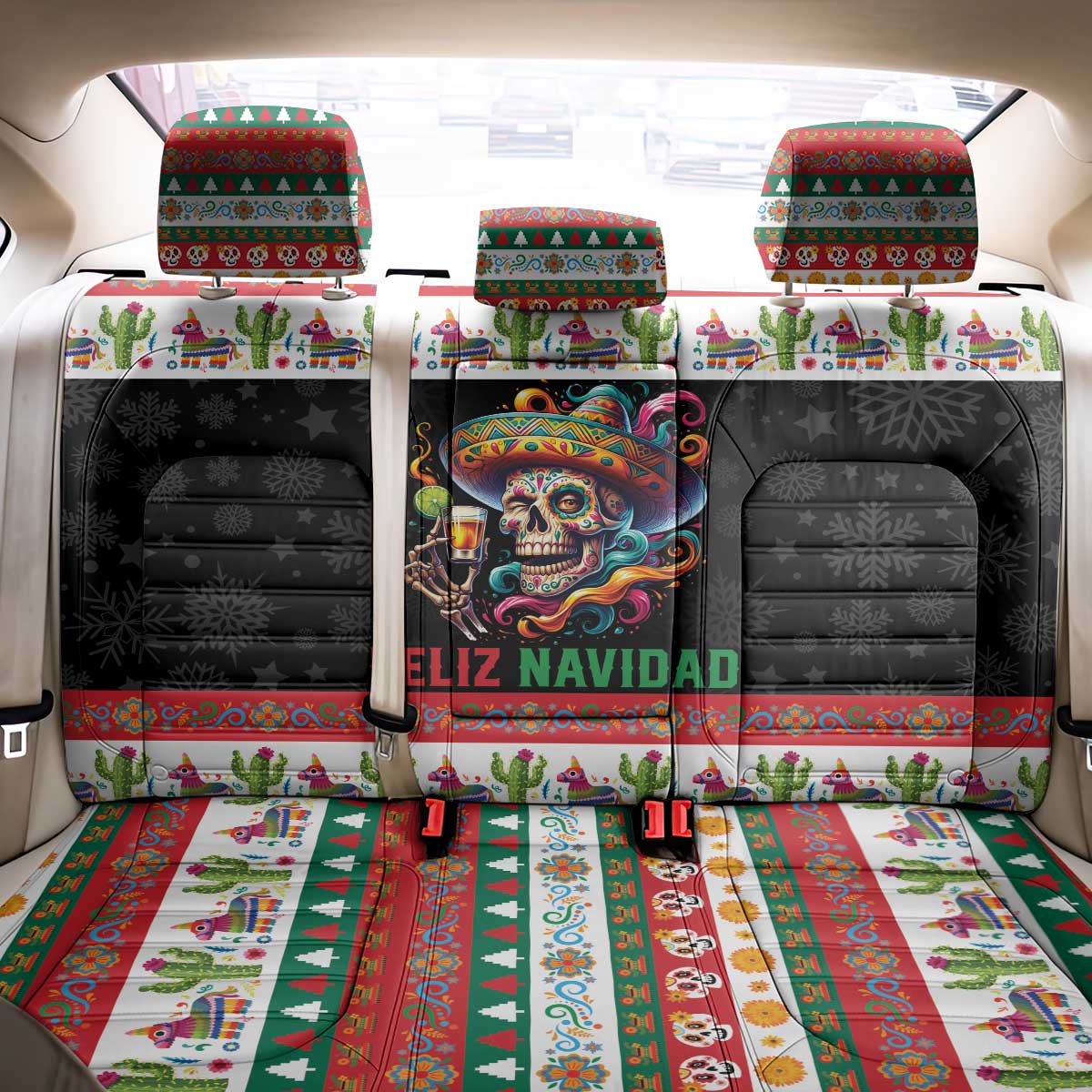Mexican Sugar Skull Back Car Seat Cover Feliz Navidad Mexico - Wonder Print Shop