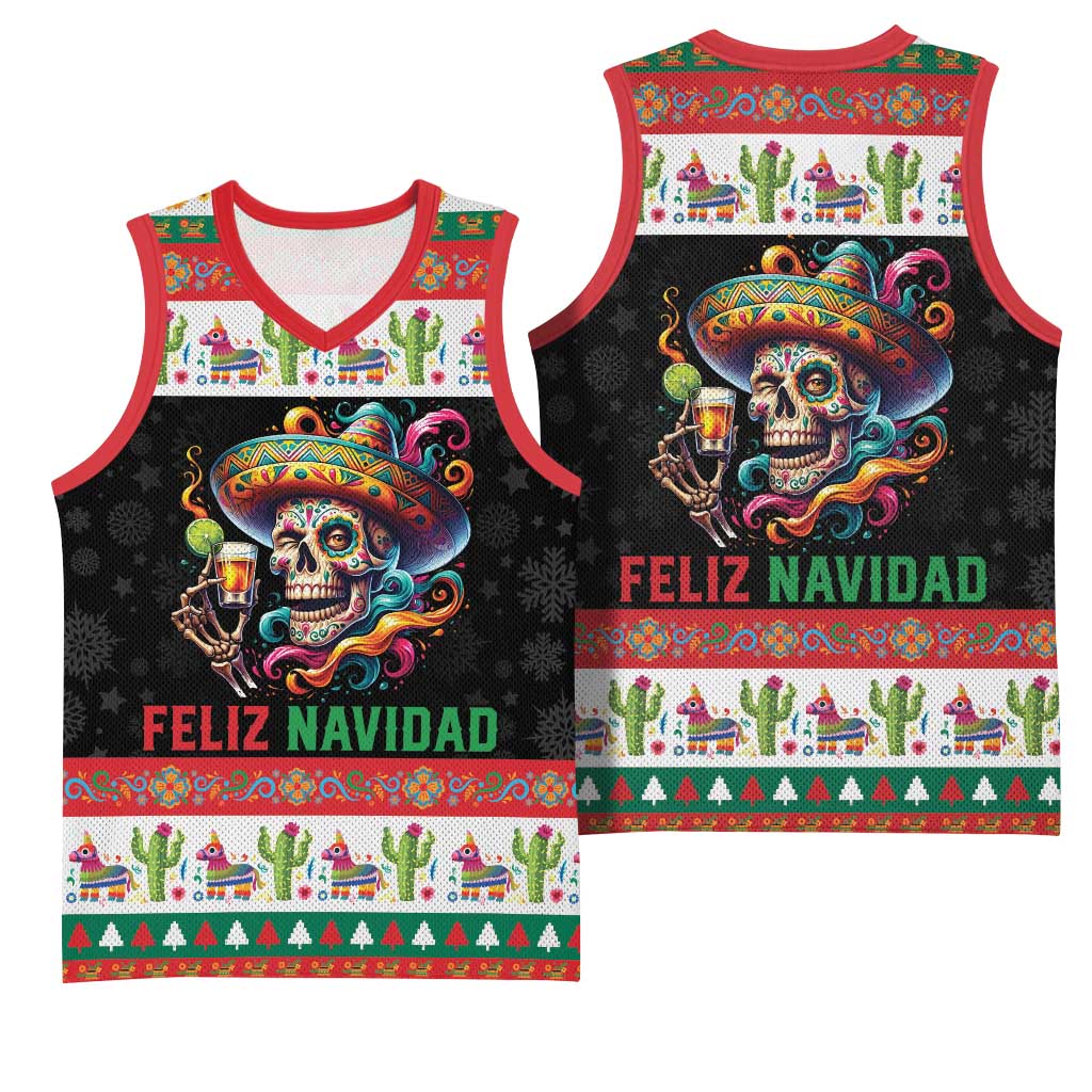 Mexican Sugar Skull Basketball Jersey Feliz Navidad Mexico - Wonder Print Shop