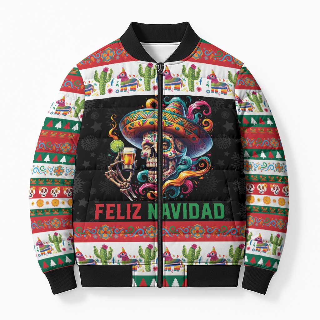 Mexican Sugar Skull Bomber Puffer Jacket Feliz Navidad Mexico - Wonder Print Shop