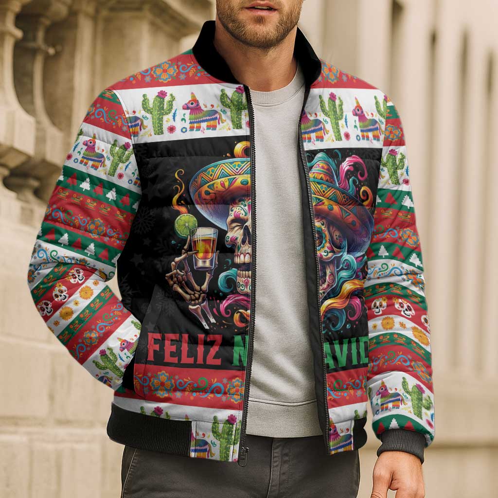 Mexican Sugar Skull Bomber Puffer Jacket Feliz Navidad Mexico - Wonder Print Shop