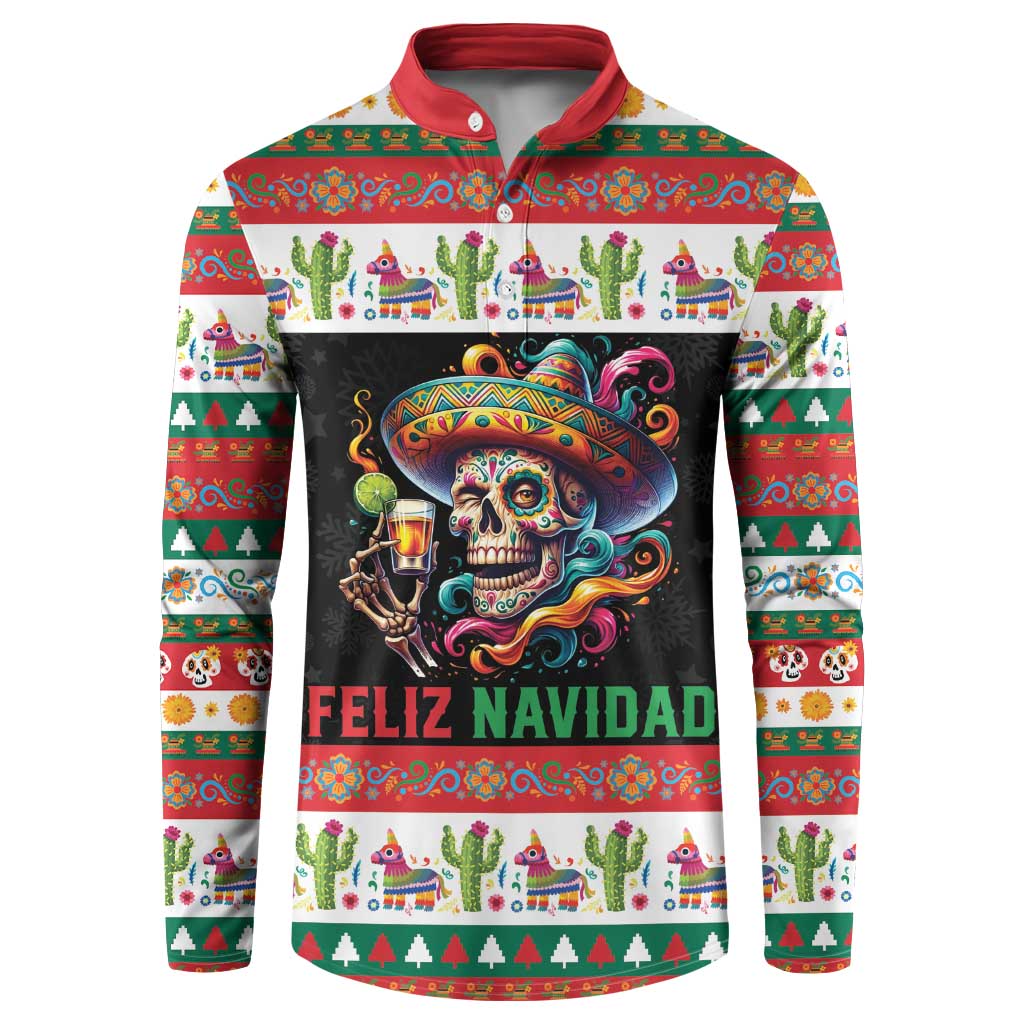 Mexican Sugar Skull Button Sweatshirt Feliz Navidad Mexico - Wonder Print Shop