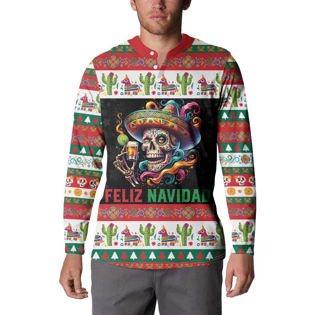 Mexican Sugar Skull Button Sweatshirt Feliz Navidad Mexico - Wonder Print Shop