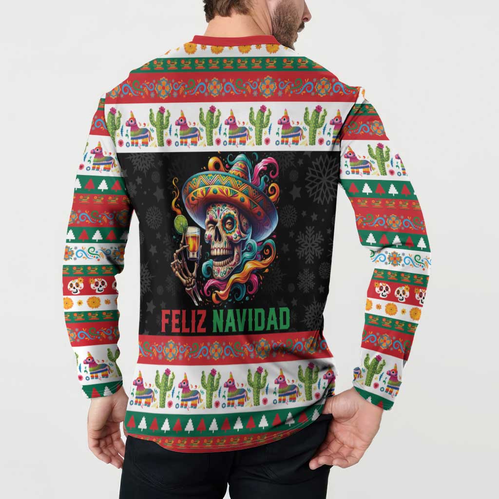 Mexican Sugar Skull Button Sweatshirt Feliz Navidad Mexico - Wonder Print Shop
