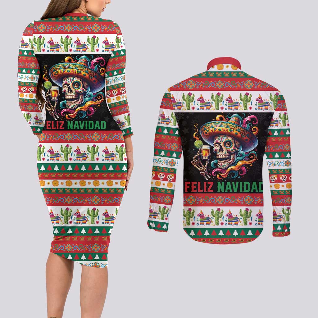 Mexican Sugar Skull Couples Matching Long Sleeve Bodycon Dress and Long Sleeve Button Shirt Feliz Navidad Mexico - Wonder Print Shop