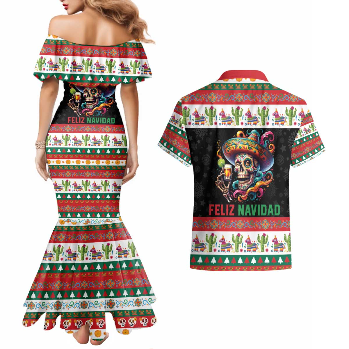 Mexican Sugar Skull Couples Matching Mermaid Dress and Hawaiian Shirt Feliz Navidad Mexico - Wonder Print Shop